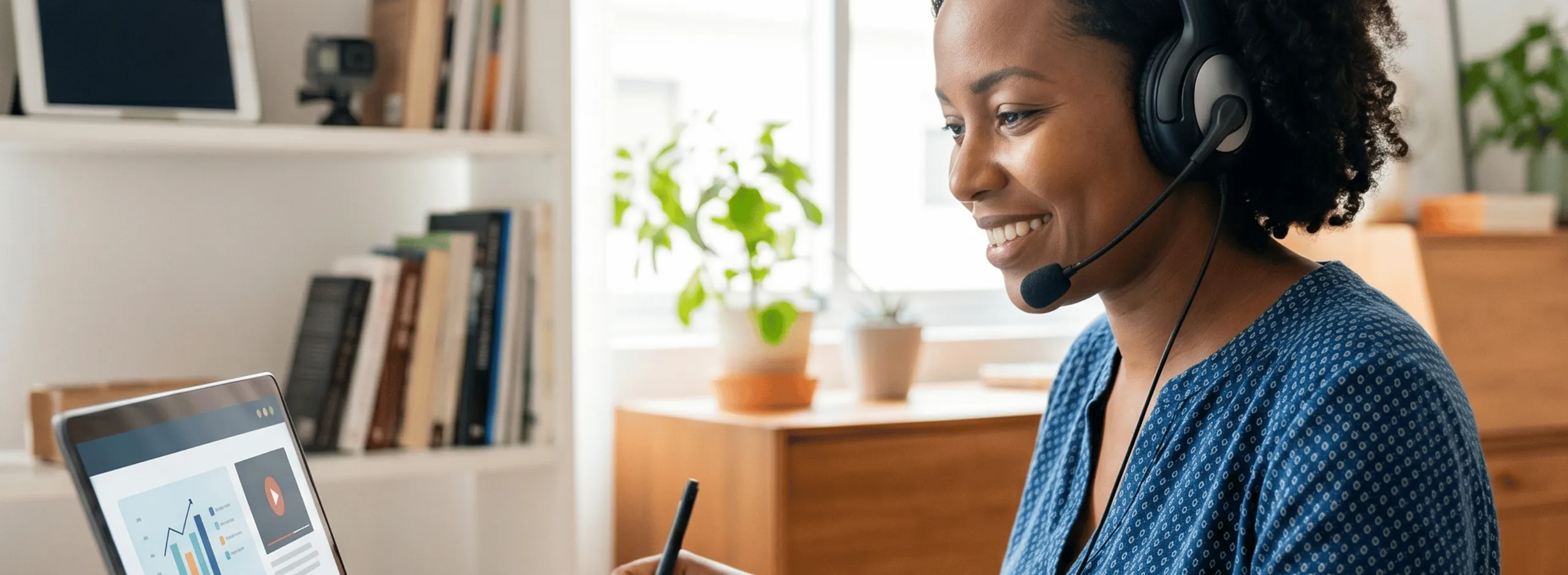 Une étudiante portant un casque-micro suit un cours devant son ordinateur portable, chez elle.