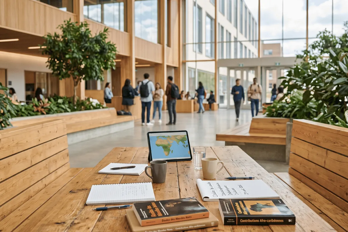 Une tablette posée sur une table de bois affiche une carte de l'Afrique, à côté de carnets et d'ouvrages, dans le hall vitré d'un bâtiment universitaire.