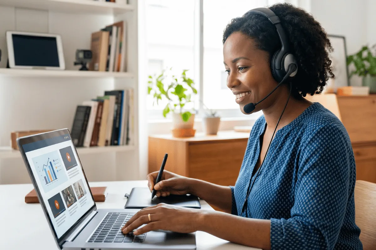 Une étudiante équipée d'un casque-micro travaille sur un ordinateur portable et une tablette graphique.