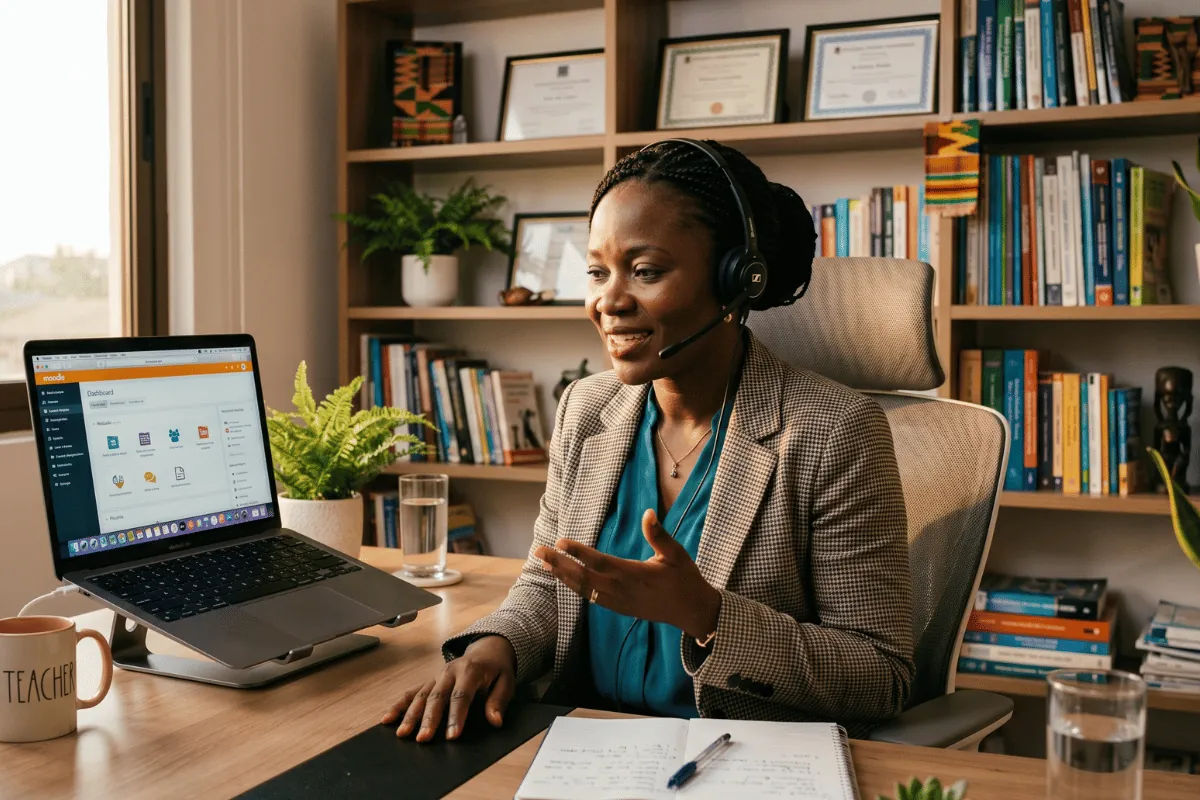 Une enseignante portant un casque audio parle devant un ordinateur portable qui affiche une interface de plateforme de cours.