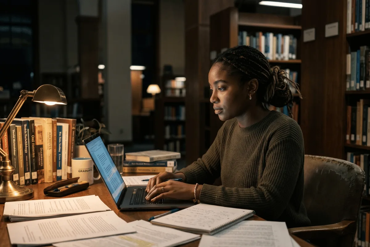 Une chercheuse rédige sur un ordinateur portable, entourée de documents et d'ouvrages.